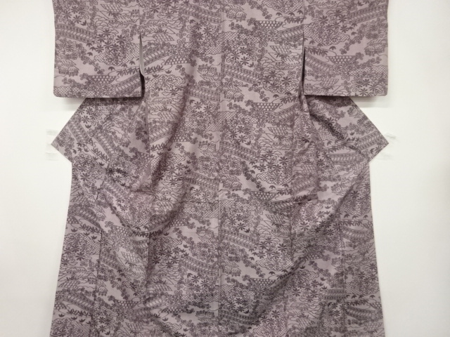 橋に家屋・草花模様織出し手織り紬着物